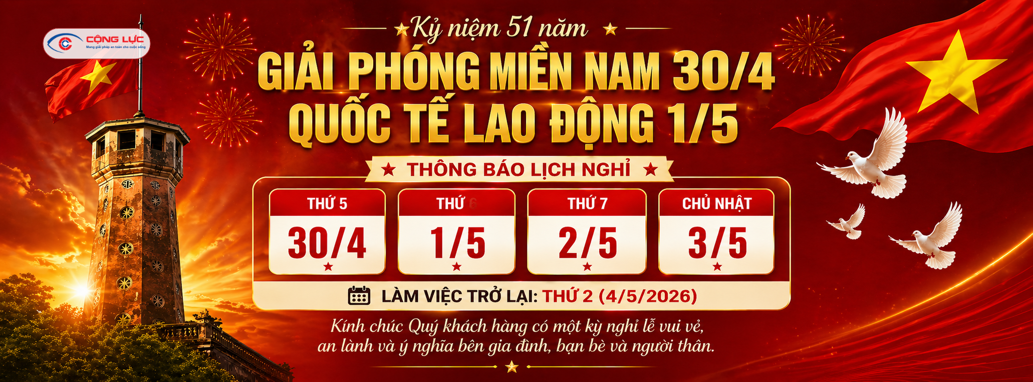 Cộng Lực thông báo nghỉ lễ 30.4 & 1.5